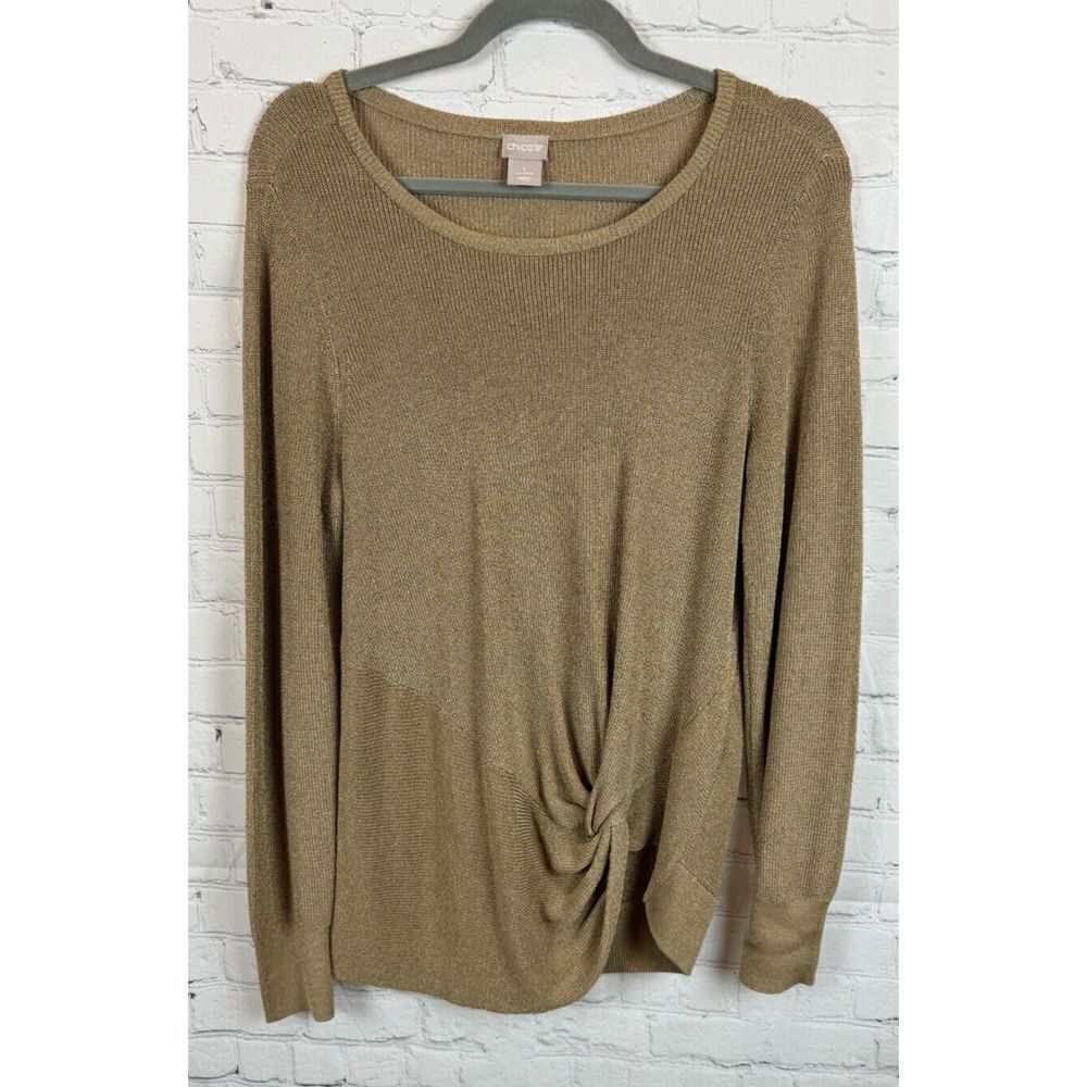 CHICO'S beige cotton blend front knot knit sweater pullover size 1 M
